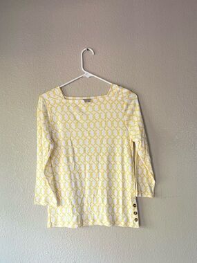 Chico's Yellow & White Geometric Boatneck Top with Side Button Detail